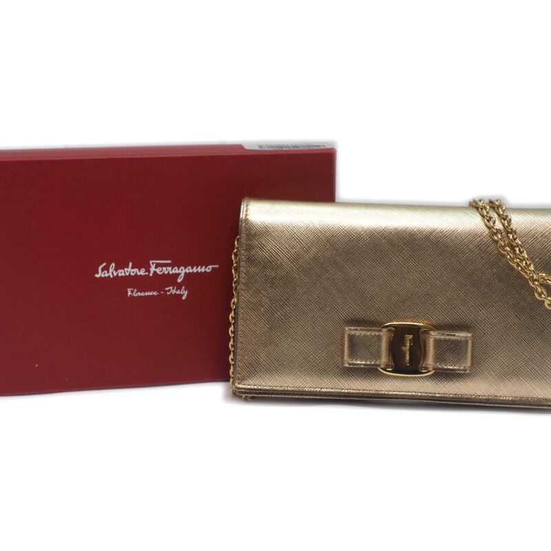 Ferragamo Mat Silver/ Champion Gold Metallic Leather 3-Way Wallet On Chain Gold Hardware