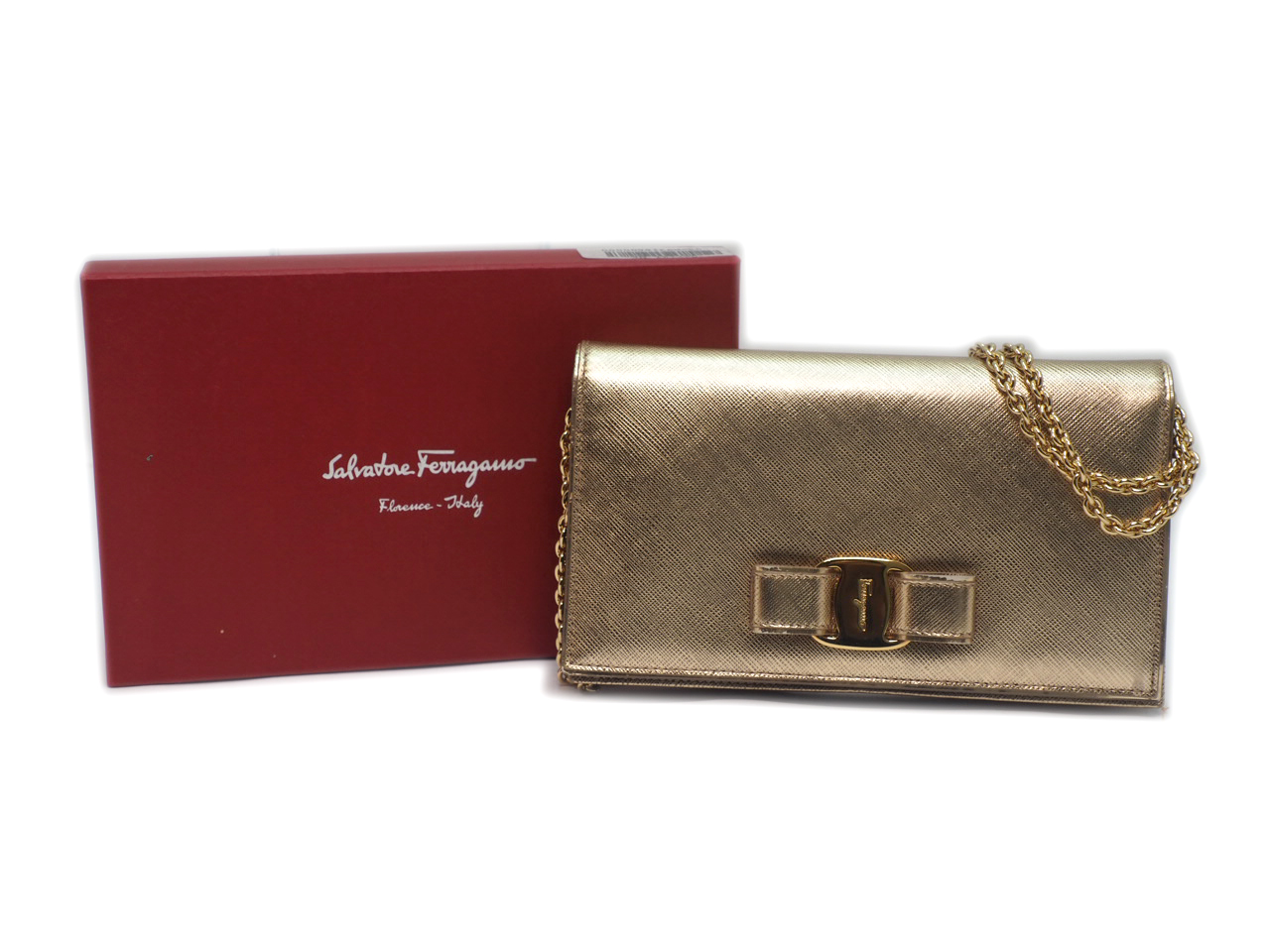Ferragamo Mat Silver/ Champion Gold Metallic Leather 3-Way Wallet On Chain Gold Hardware