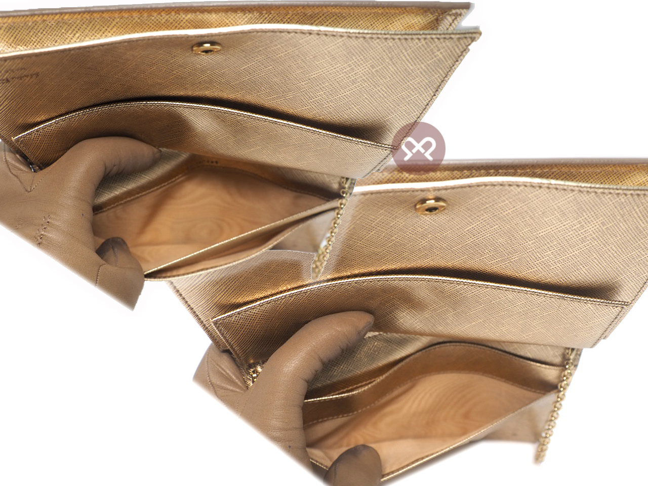 Ferragamo Mat Silver/ Champion Gold Metallic Leather 3-Way Wallet On Chain Gold Hardware - Image 11