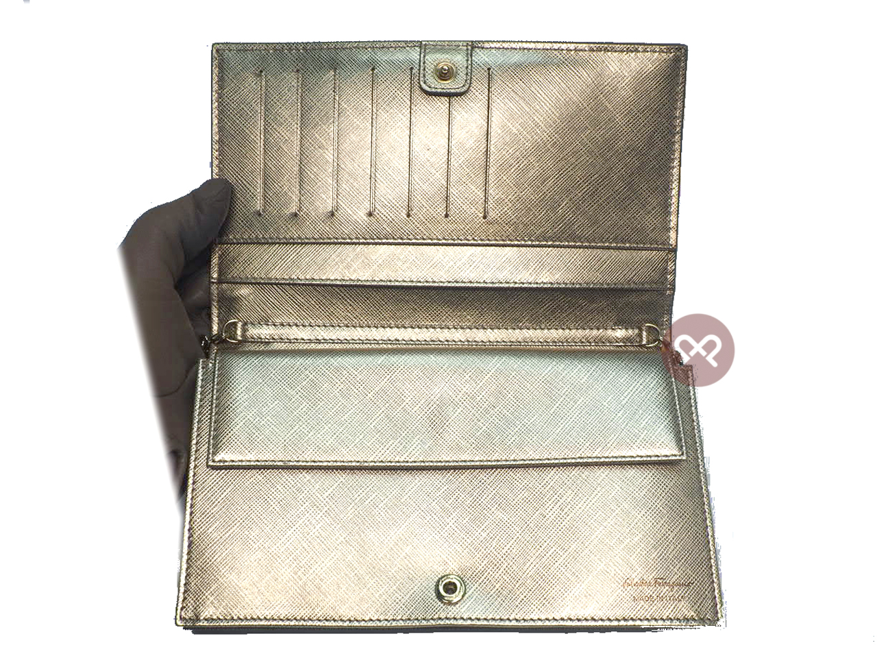 Ferragamo Mat Silver/ Champion Gold Metallic Leather 3-Way Wallet On Chain Gold Hardware - Image 9