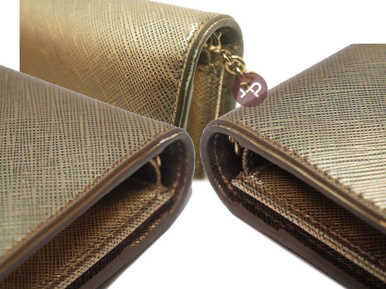 Ferragamo Mat Silver/ Champion Gold Metallic Leather 3-Way Wallet On Chain Gold Hardware - Image 8