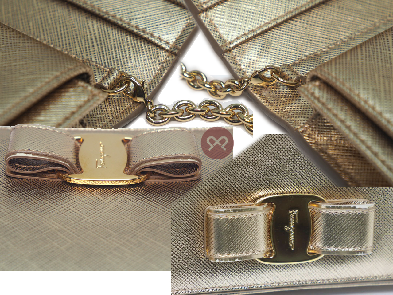 Ferragamo Mat Silver/ Champion Gold Metallic Leather 3-Way Wallet On Chain Gold Hardware - Image 7