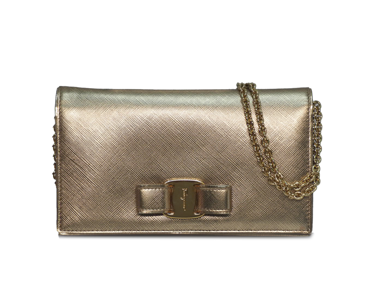 Ferragamo Mat Silver/ Champion Gold Metallic Leather 3-Way Wallet On Chain Gold Hardware - Image 3
