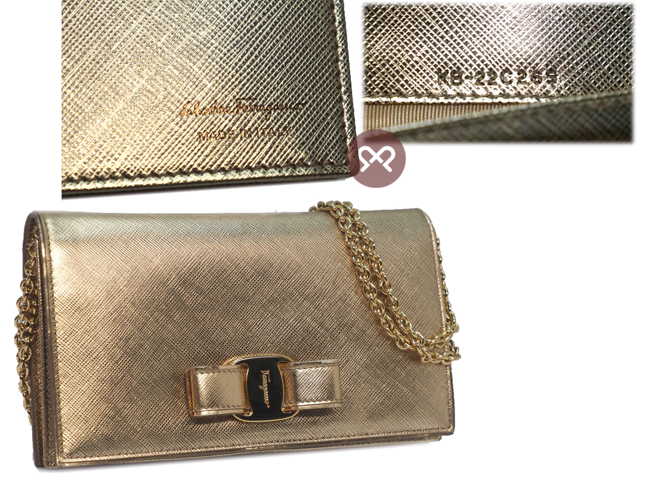 Ferragamo Mat Silver/ Champion Gold Metallic Leather 3-Way Wallet On Chain Gold Hardware - Image 2
