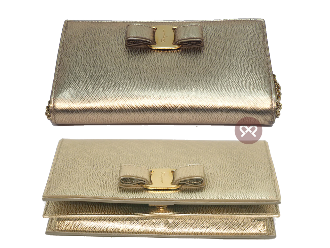 Ferragamo Mat Silver/ Champion Gold Metallic Leather 3-Way Wallet On Chain Gold Hardware - Image 5