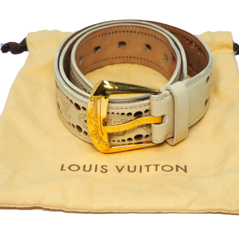Louis Vuitton M9680 Perforated 40mm x 36/ 90cm Ivory Leather Suntur Phoenix Gold Buckle Belt (CA2160)
