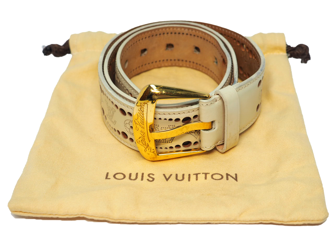 Louis Vuitton M9680 Perforated 40mm x 36/ 90cm Ivory Leather Suntur Phoenix Gold Buckle Belt (CA2160)
