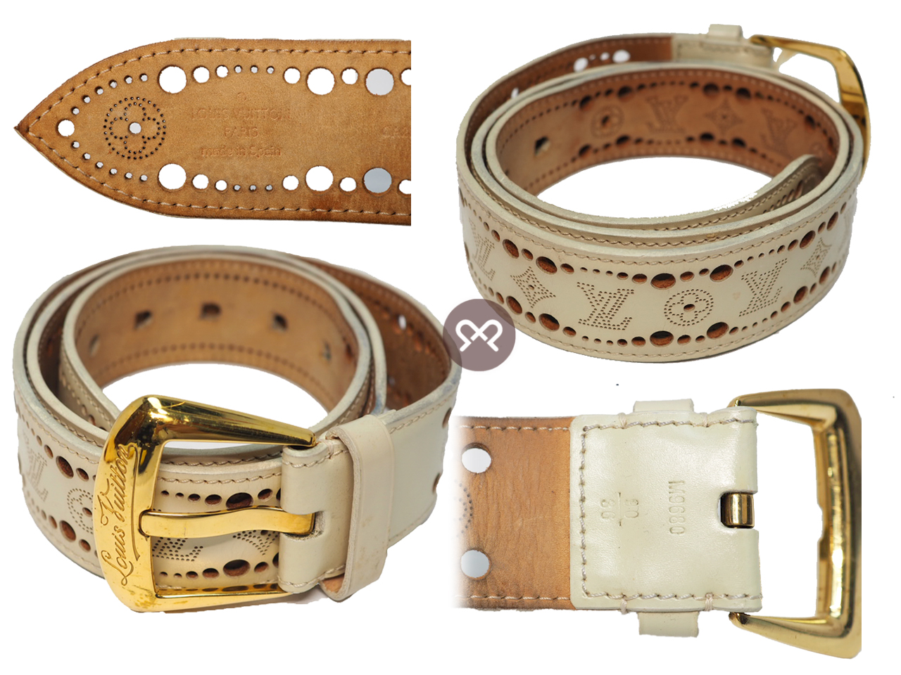 Louis Vuitton M9680 Perforated 40mm x 36/ 90cm Ivory Leather Suntur Phoenix Gold Buckle Belt (CA2160) - Image 3