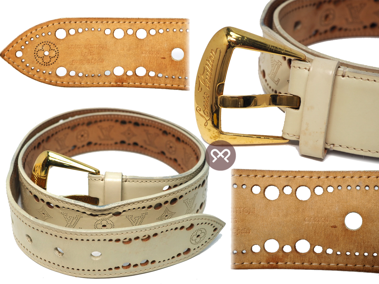 Louis Vuitton M9680 Perforated 40mm x 36/ 90cm Ivory Leather Suntur Phoenix Gold Buckle Belt (CA2160) - Image 4