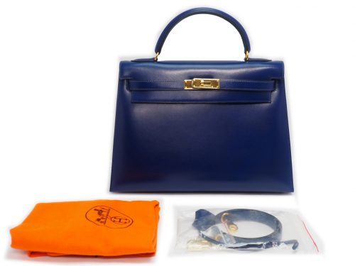 Hermes Dark Blue Kelly 32 Sellier Box Calf Circle M Stamp Gold Hardware Shoulder Bag
