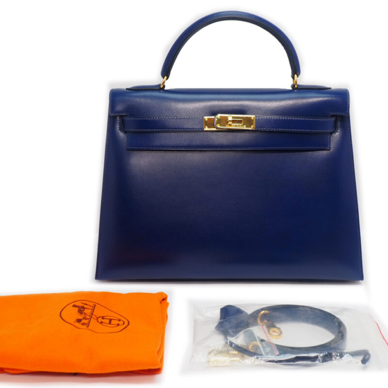 Hermes Dark Blue Kelly 32 Sellier Box Calf Circle M Stamp Gold Hardware Shoulder Bag