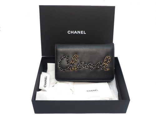 CHANEL 29901437 Black Calf Chain Logo Flap Wallet on Chain 2-tone Gold/ Ruthenium Hardware