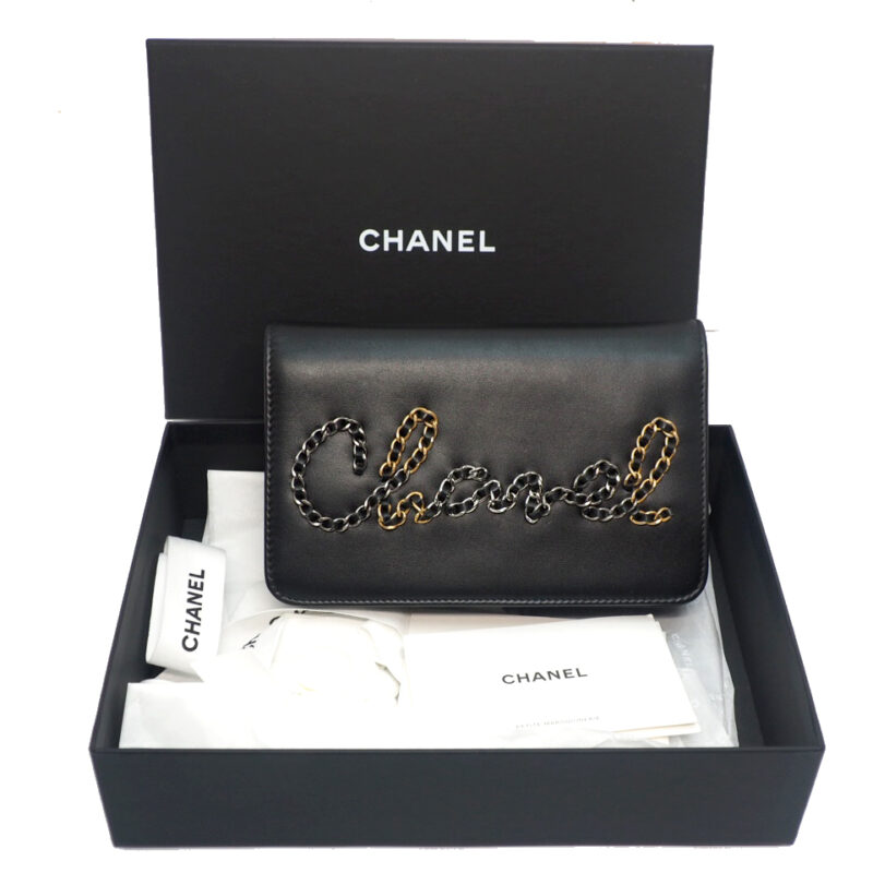 CHANEL 29901437 Black Calf Chain Logo Flap Wallet on Chain 2-tone Gold/ Ruthenium Hardware