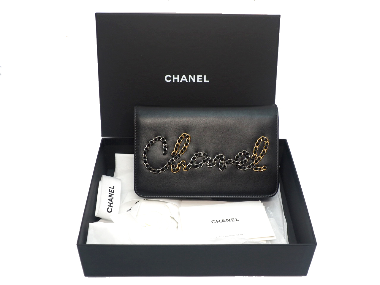 CHANEL 29901437 Black Calf Chain Logo Flap Wallet on Chain 2-tone Gold/ Ruthenium Hardware