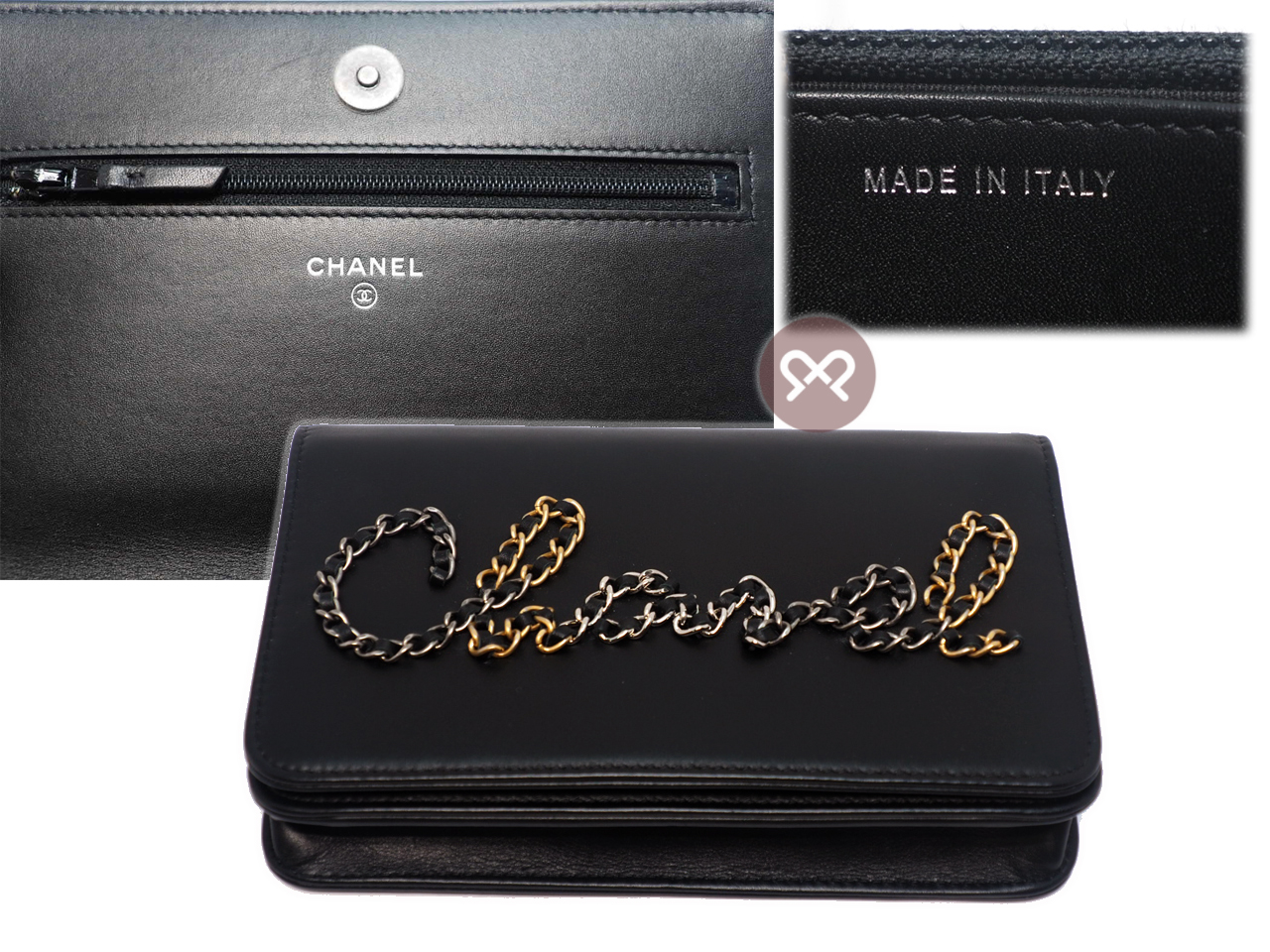 CHANEL 29901437 Black Calf Chain Logo Flap Wallet on Chain 2-tone Gold/ Ruthenium Hardware - Image 5