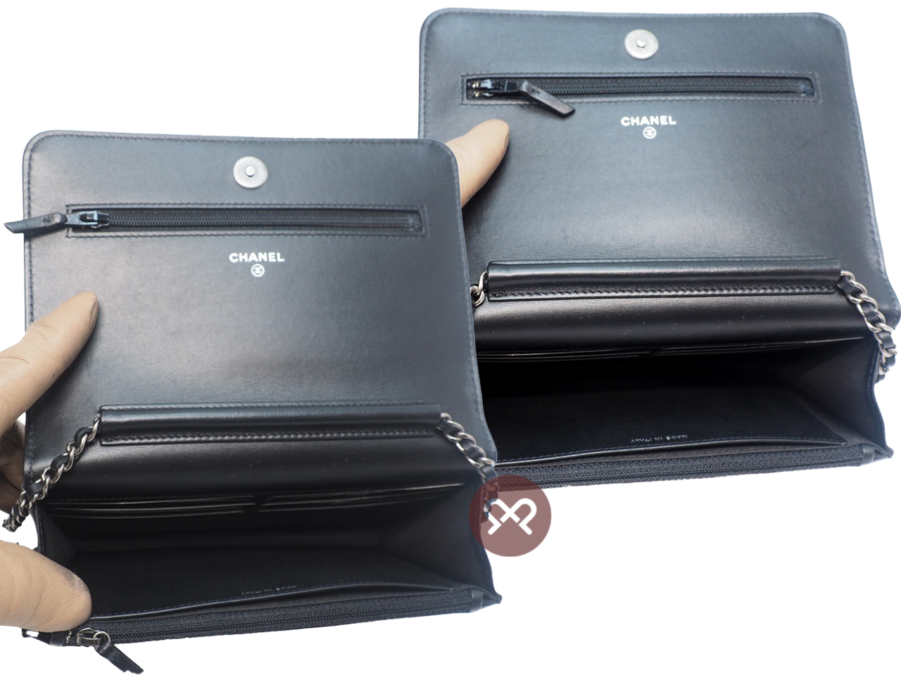 CHANEL 29901437 Black Calf Chain Logo Flap Wallet on Chain 2-tone Gold/ Ruthenium Hardware - Image 8