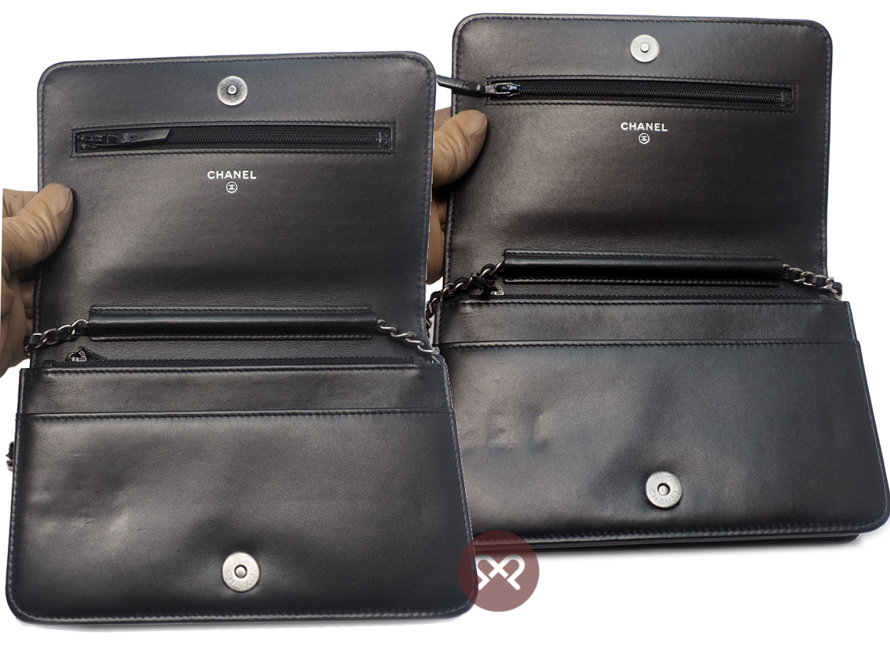 CHANEL 29901437 Black Calf Chain Logo Flap Wallet on Chain 2-tone Gold/ Ruthenium Hardware - Image 7