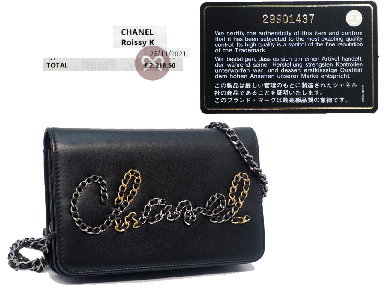 CHANEL 29901437 Black Calf Chain Logo Flap Wallet on Chain 2-tone Gold/ Ruthenium Hardware - Image 2
