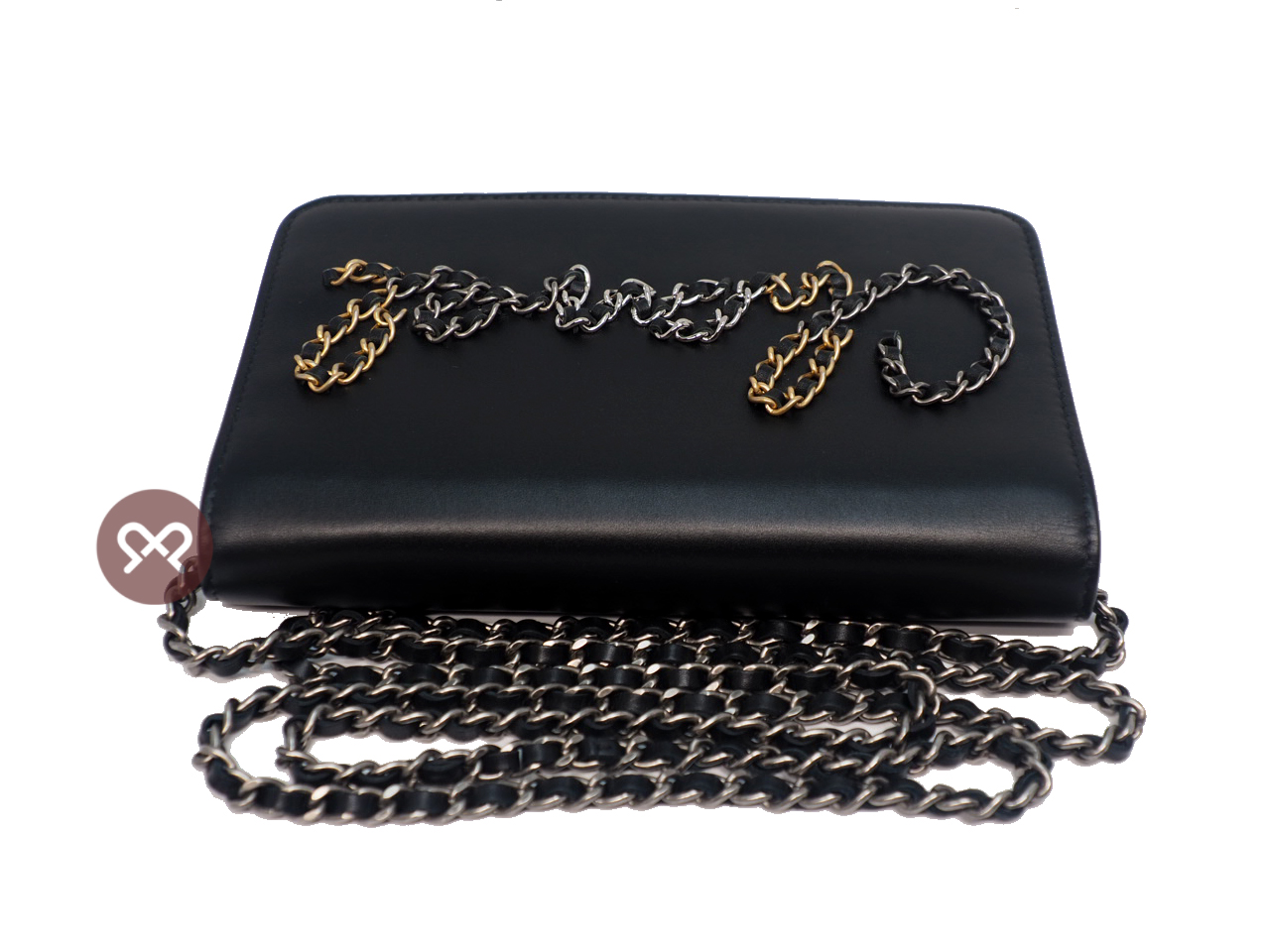 CHANEL 29901437 Black Calf Chain Logo Flap Wallet on Chain 2-tone Gold/ Ruthenium Hardware - Image 4