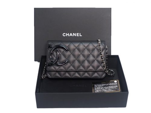 Chanel 18360325 Black/ Black Patent Cambon Calf Wallet on Chain Silver Hardware Shoulder Bag