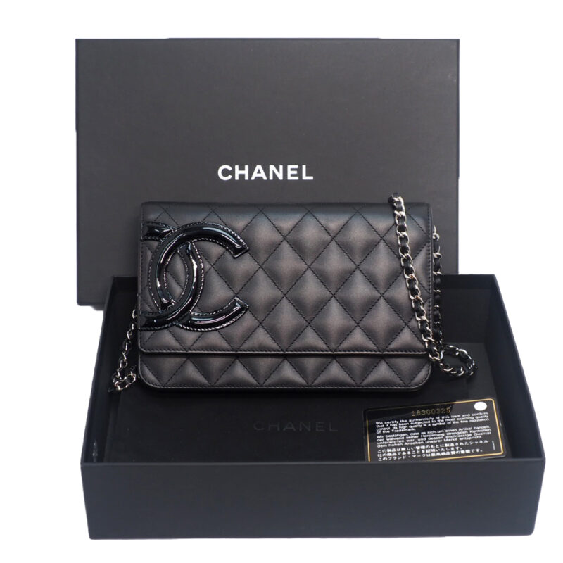 Chanel 18360325 Black/ Black Patent Cambon Calf Wallet on Chain Silver Hardware Shoulder Bag