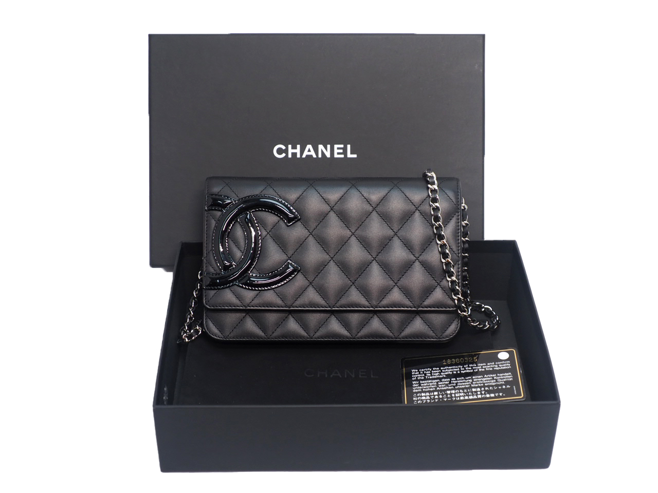 Chanel 18360325 Black/ Black Patent Cambon Calf Wallet on Chain Silver Hardware Shoulder Bag