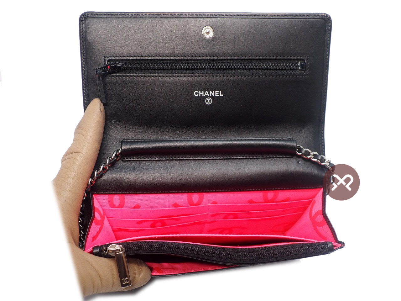 Chanel 18360325 Black/ Black Patent Cambon Calf Wallet on Chain Silver Hardware Shoulder Bag - Image 8
