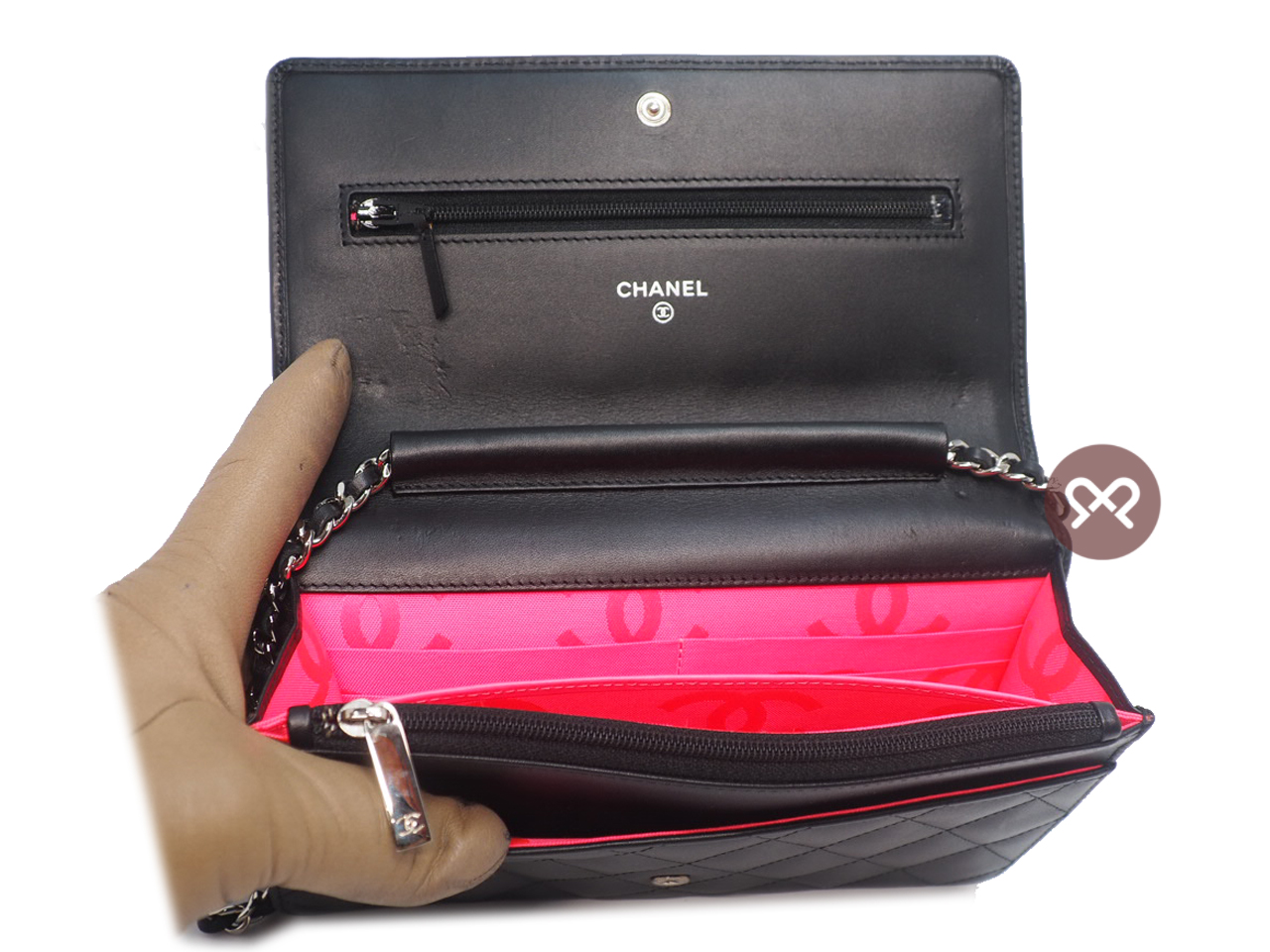 Chanel 18360325 Black/ Black Patent Cambon Calf Wallet on Chain Silver Hardware Shoulder Bag - Image 7