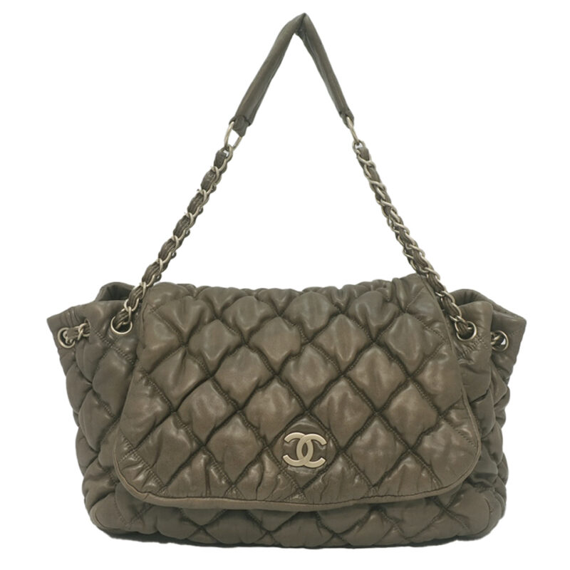 Chanel 11533036 Dark Beige/ Khaki Green Bubble Quilt Accordion Flap Bag Gold Tone Hardware