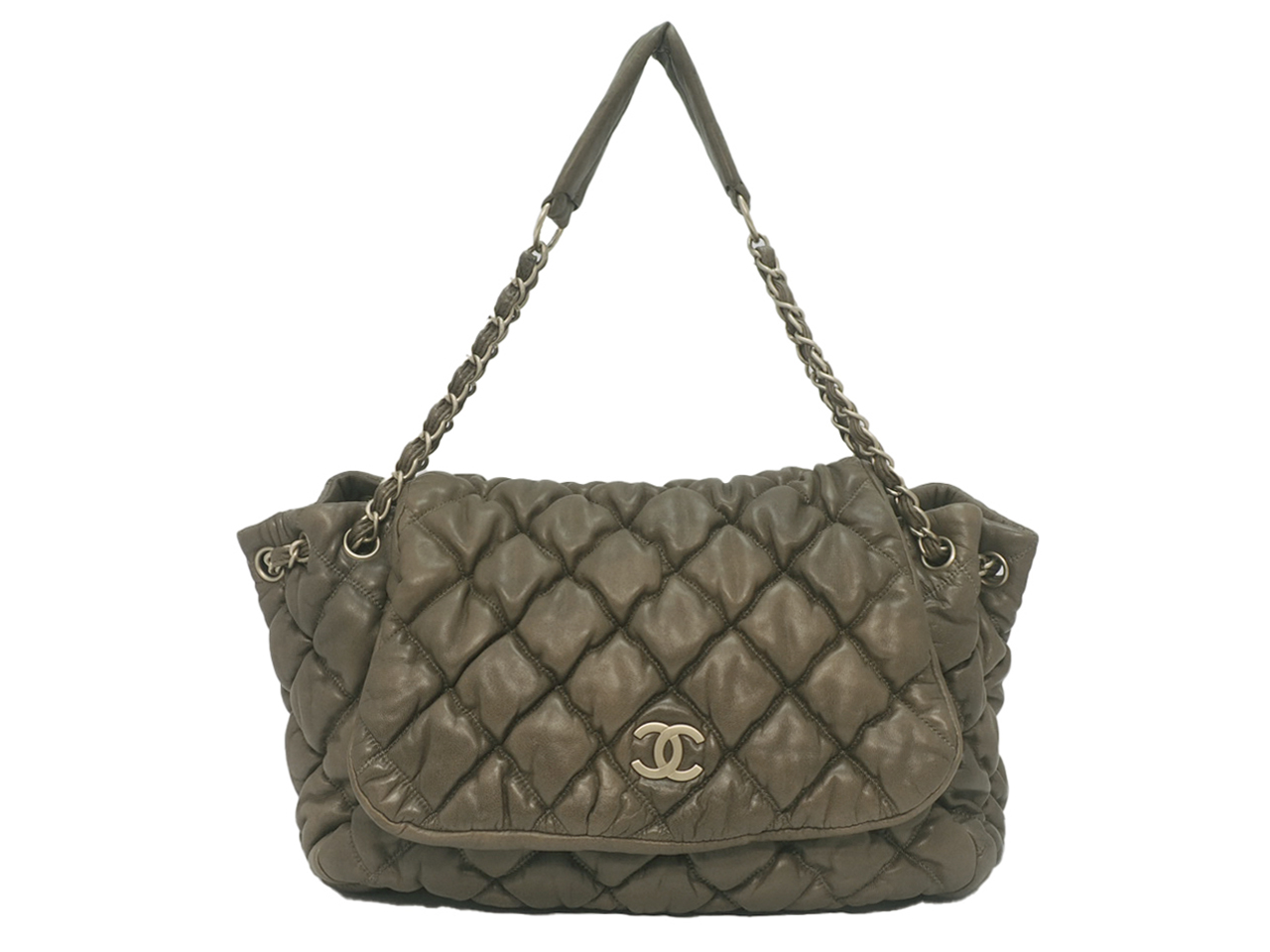 Chanel 11533036 Dark Beige/ Khaki Green Bubble Quilt Accordion Flap Bag Gold Tone Hardware