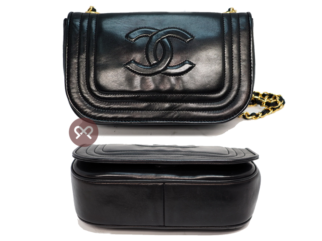 Chanel 0531828 Black Lambskin 20cm Vintage Chain Flap Sling Bag Gold Hardware - Image 4