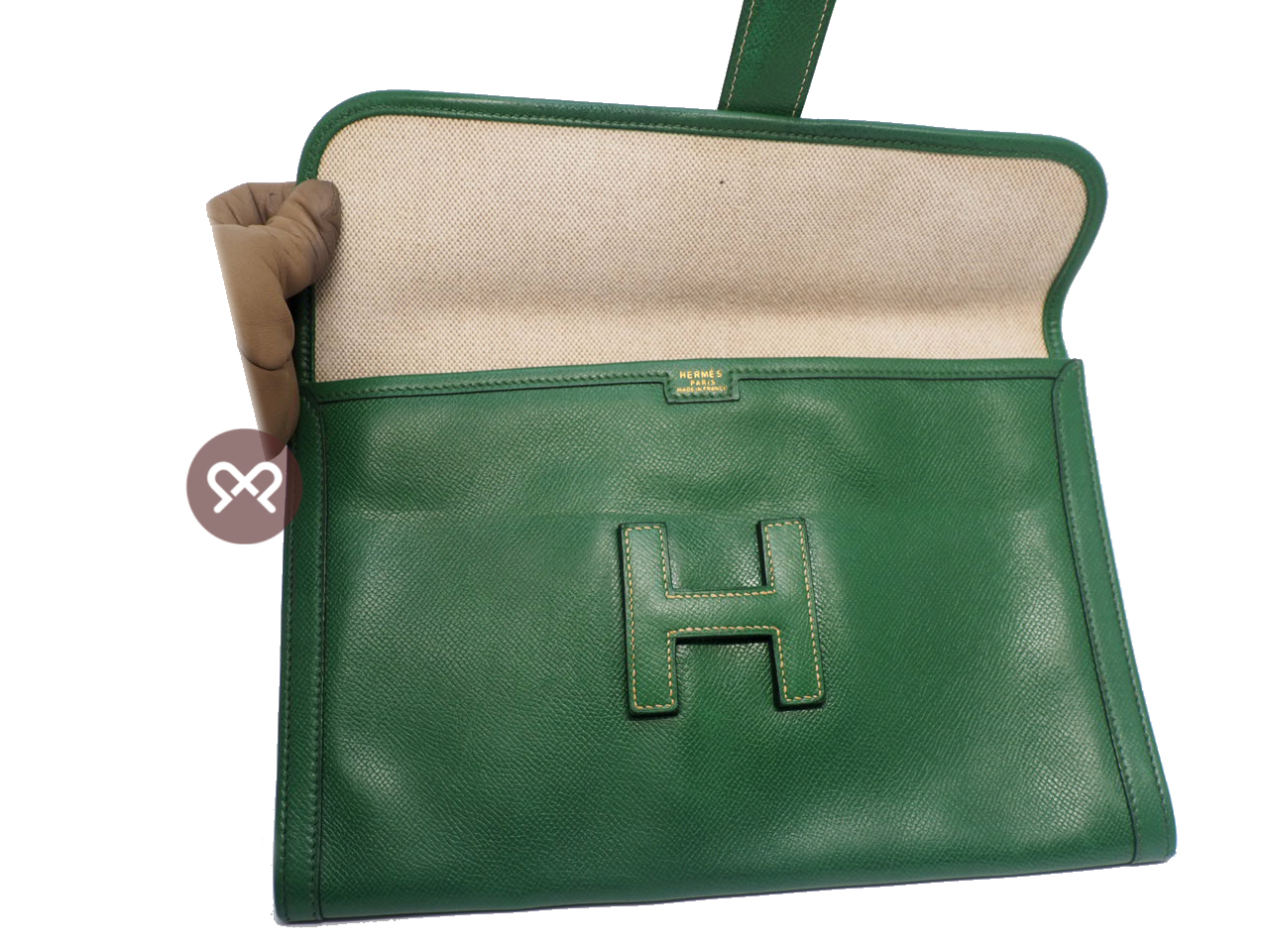 Hermes 29cm Green Vintage Epsom Leather Jige PM Clutch - Image 5
