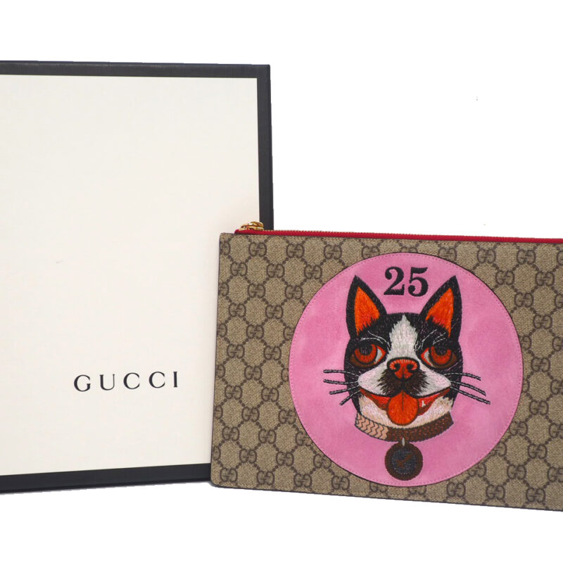 Gucci 506280 Doggie Pink/ Red Multicolor GG Guccissima/ Leather Supreme Bosco Patch Zip Pouch/ Clutch