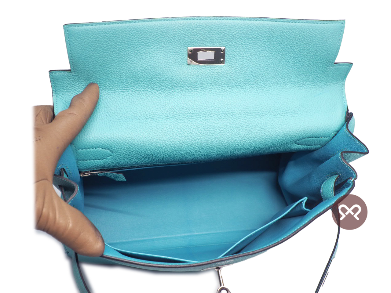 Hermes Kelly 32 Retourne T Stamp Lagon Blue Togo Leather Palladium Hardware Tote/ Shoulder Bag - Image 9