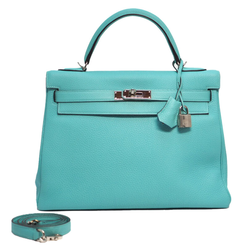 Hermes Kelly 32 Retourne T Stamp Lagon Blue Togo Leather Palladium Hardware Tote/ Shoulder Bag