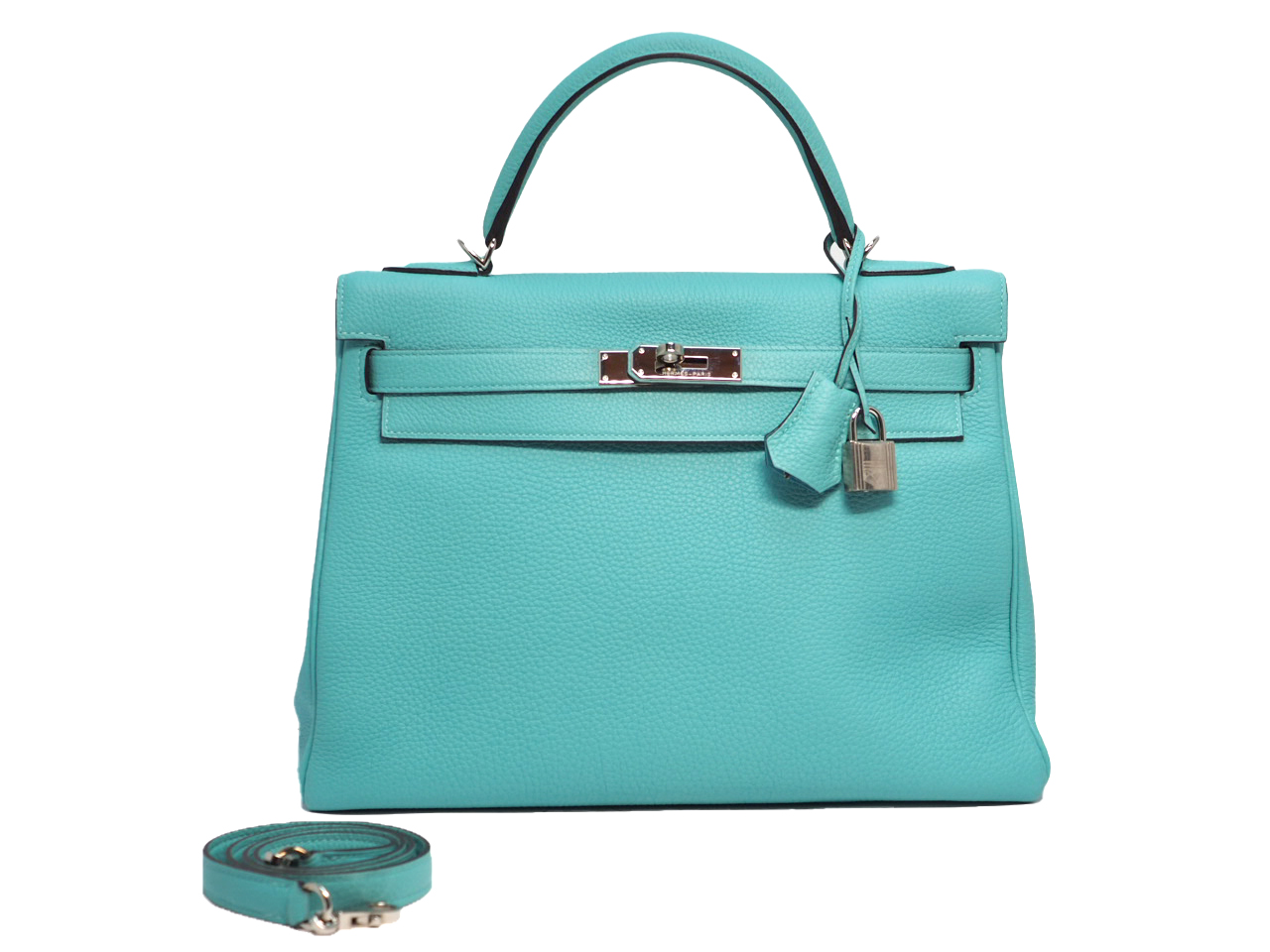 Hermes Kelly 32 Retourne T Stamp Lagon Blue Togo Leather Palladium Hardware Tote/ Shoulder Bag