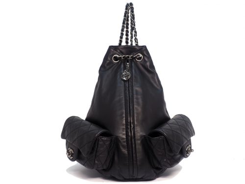 Chanel 17018971 Black Lambskin Double Pockets Drawstring Backpack Ruthenium Hardware
