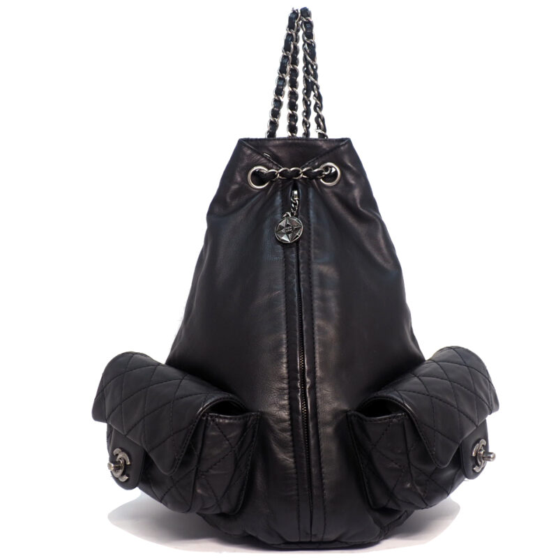 Chanel 17018971 Black Lambskin Double Pockets Drawstring Backpack Ruthenium Hardware
