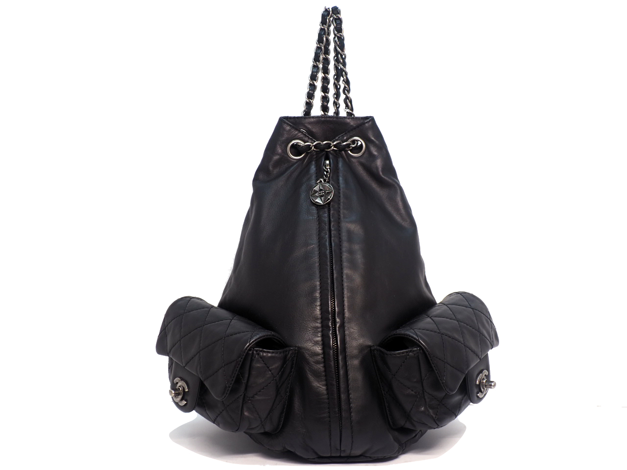 Chanel 17018971 Black Lambskin Double Pockets Drawstring Backpack Ruthenium Hardware