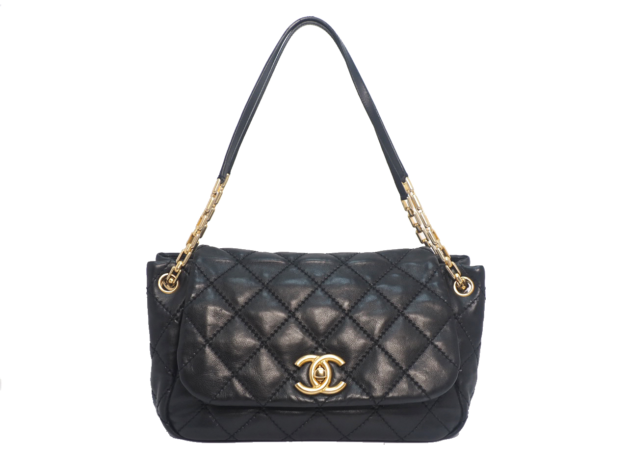 Chanel 14446101 Black Distressed 30cm Calf Accordion Flap Mat Gold Hardware