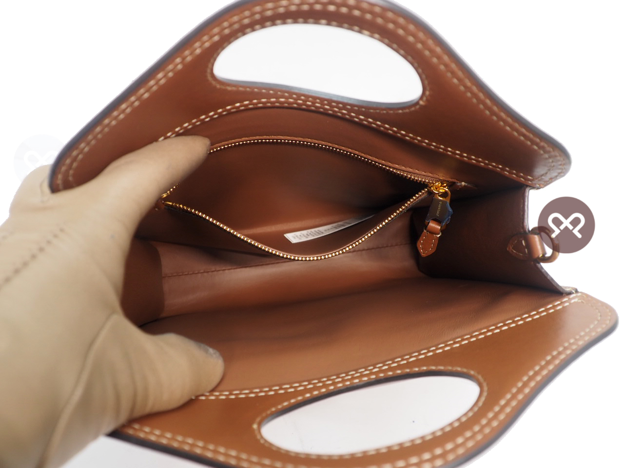 NEW ! Burberry Malt Brown Mini Topstitched Leather Pocket Bag Top Handle 2-way Bag with Strap - Image 12