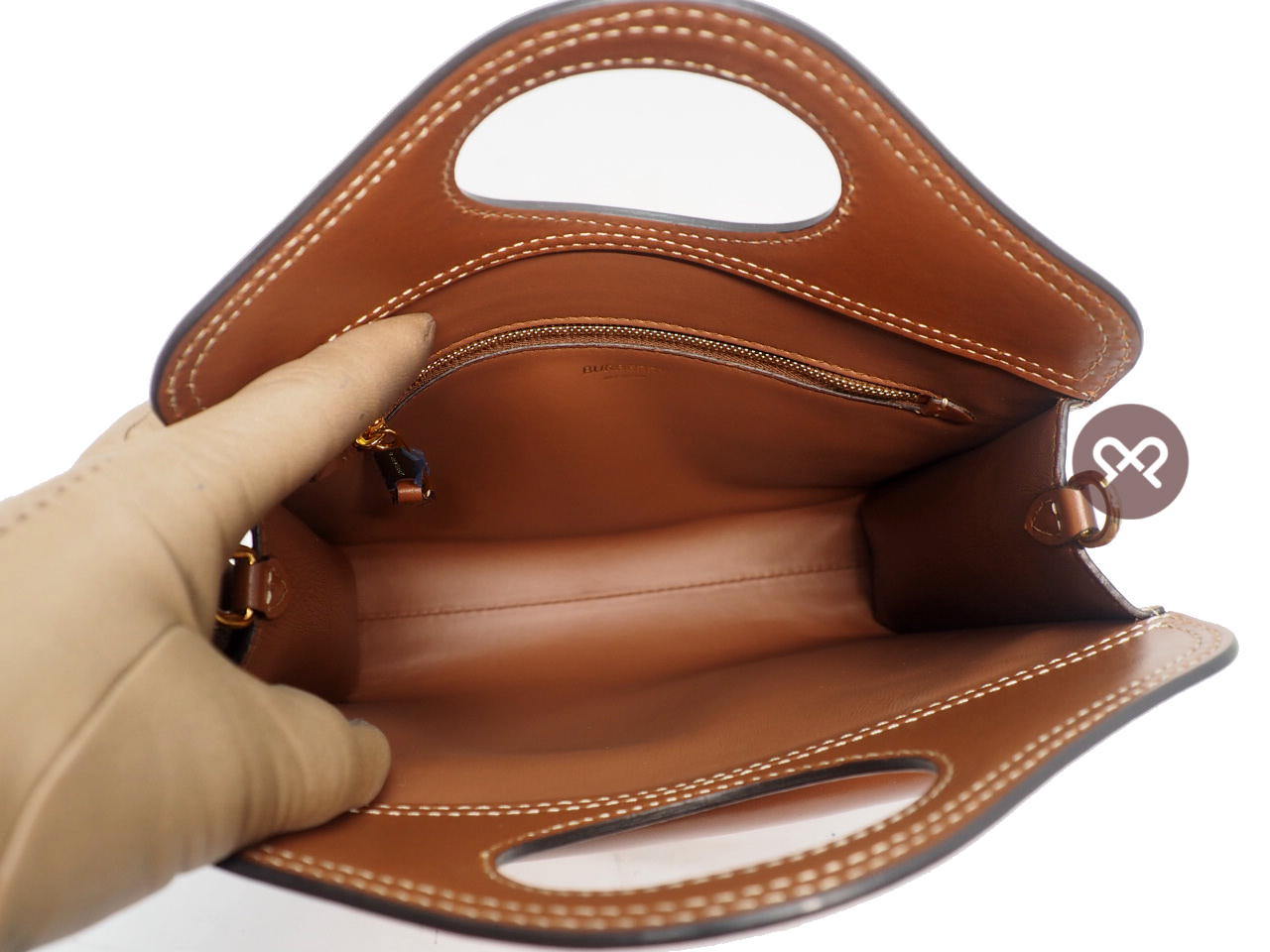 NEW ! Burberry Malt Brown Mini Topstitched Leather Pocket Bag Top Handle 2-way Bag with Strap - Image 11