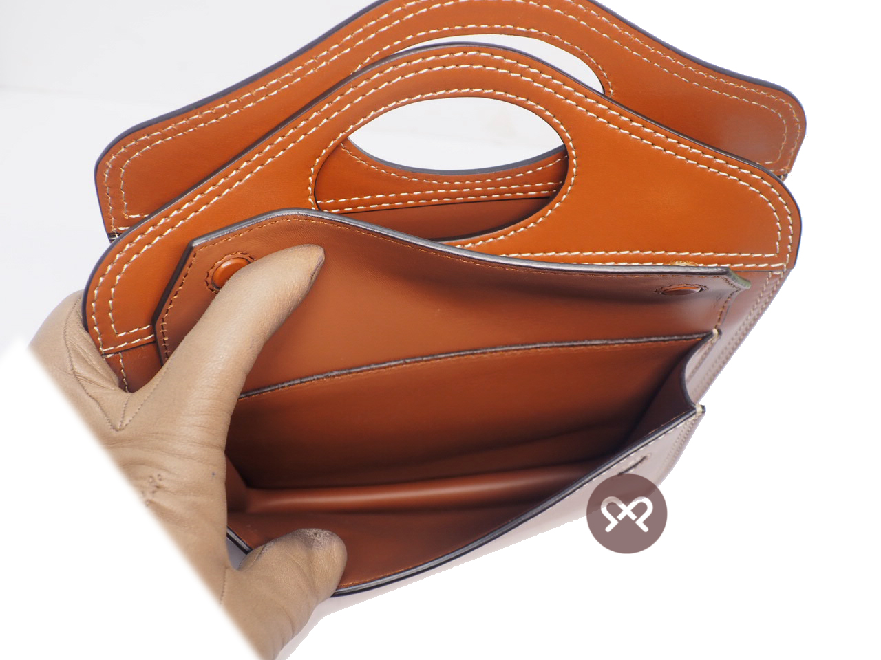 NEW ! Burberry Malt Brown Mini Topstitched Leather Pocket Bag Top Handle 2-way Bag with Strap - Image 10