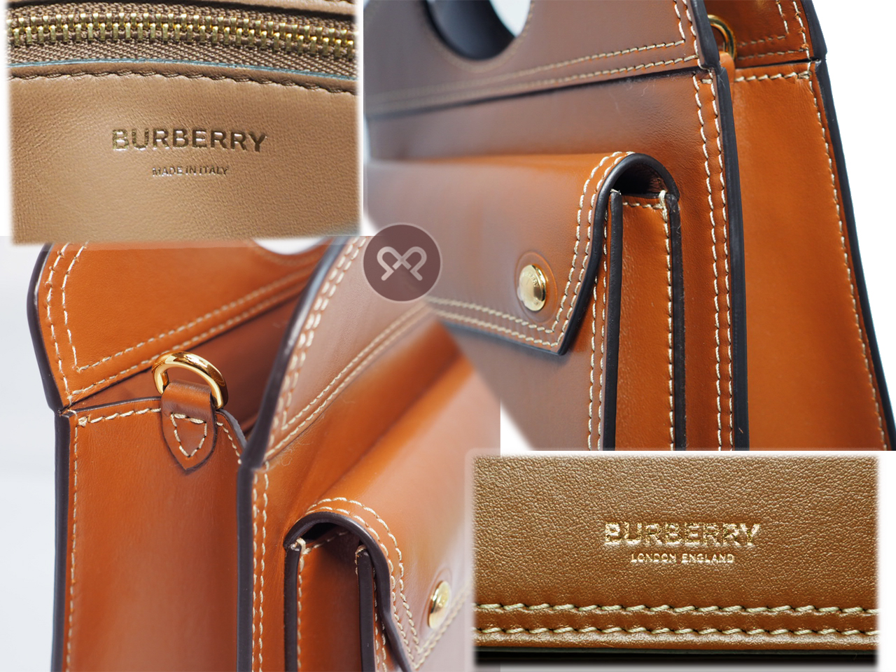 NEW ! Burberry Malt Brown Mini Topstitched Leather Pocket Bag Top Handle 2-way Bag with Strap - Image 8