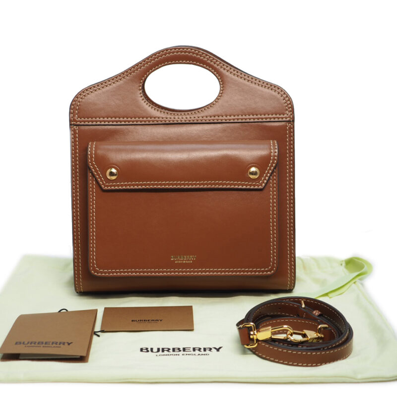NEW ! Burberry Malt Brown Mini Topstitched Leather Pocket Bag Top Handle 2-way Bag with Strap