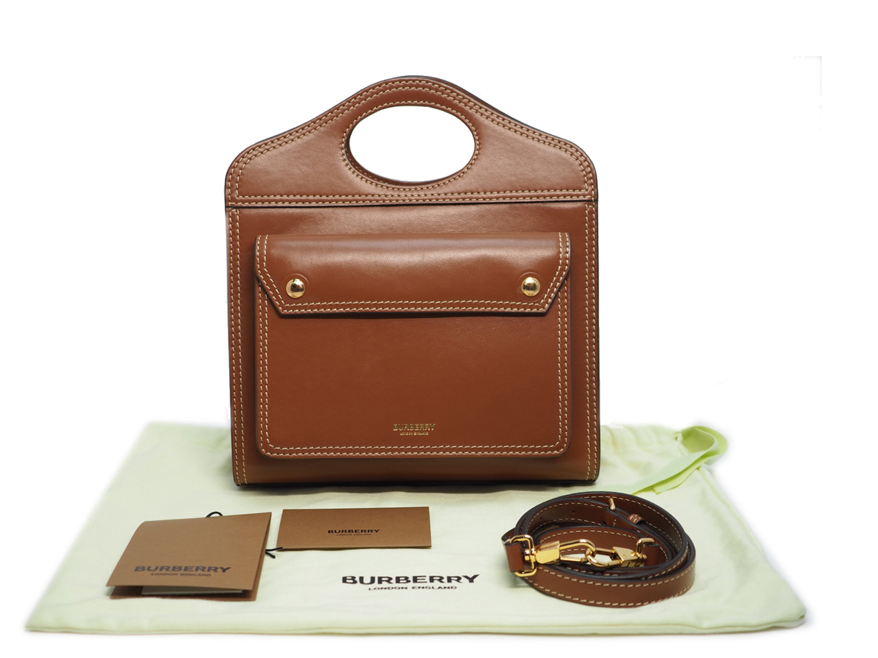 NEW ! Burberry Malt Brown Mini Topstitched Leather Pocket Bag Top Handle 2-way Bag with Strap