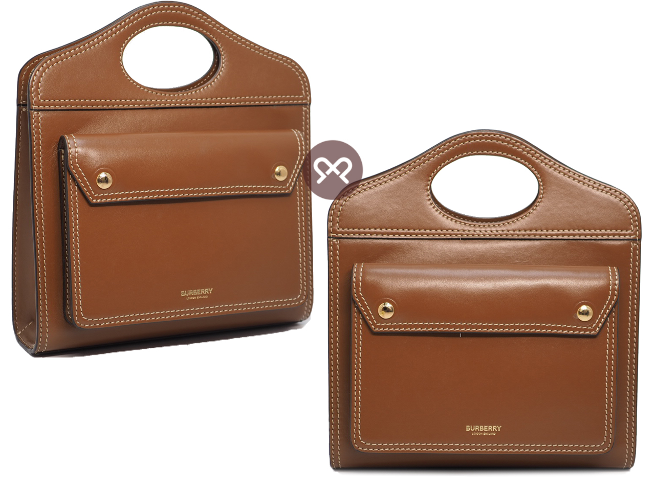 NEW ! Burberry Malt Brown Mini Topstitched Leather Pocket Bag Top Handle 2-way Bag with Strap - Image 2