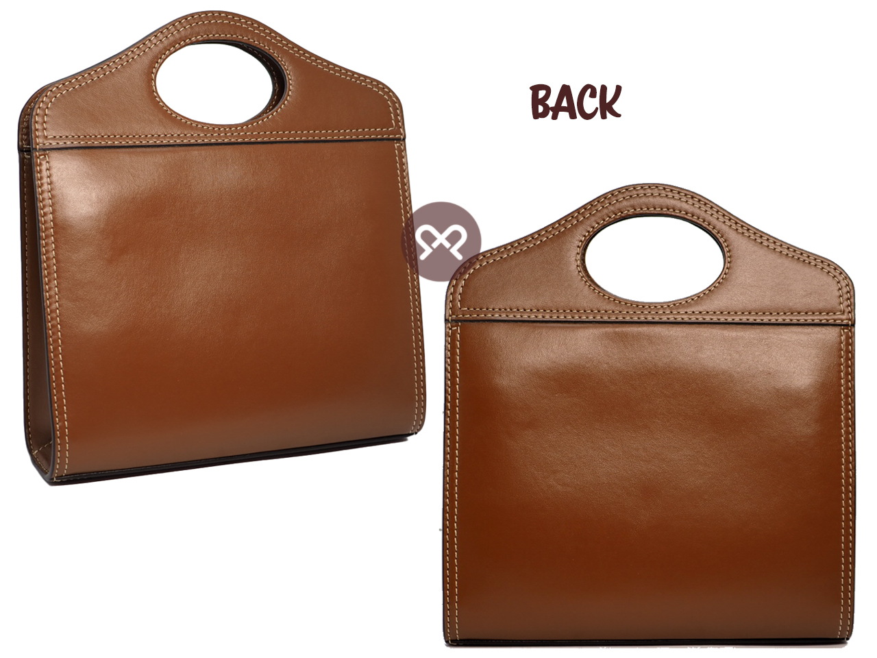 NEW ! Burberry Malt Brown Mini Topstitched Leather Pocket Bag Top Handle 2-way Bag with Strap - Image 3