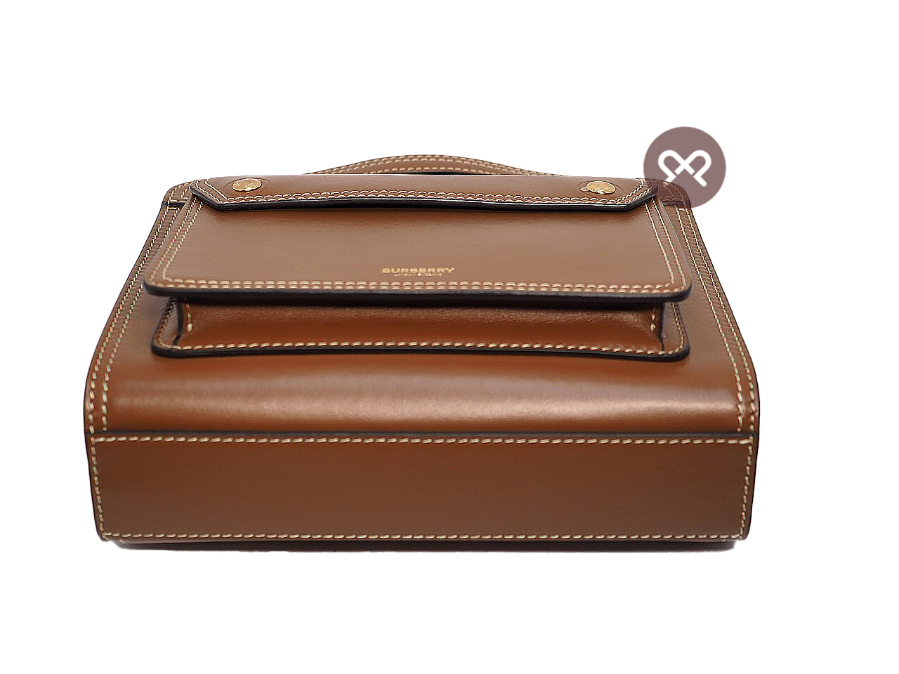 NEW ! Burberry Malt Brown Mini Topstitched Leather Pocket Bag Top Handle 2-way Bag with Strap - Image 4