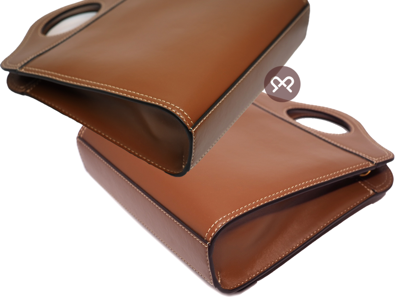 NEW ! Burberry Malt Brown Mini Topstitched Leather Pocket Bag Top Handle 2-way Bag with Strap - Image 6